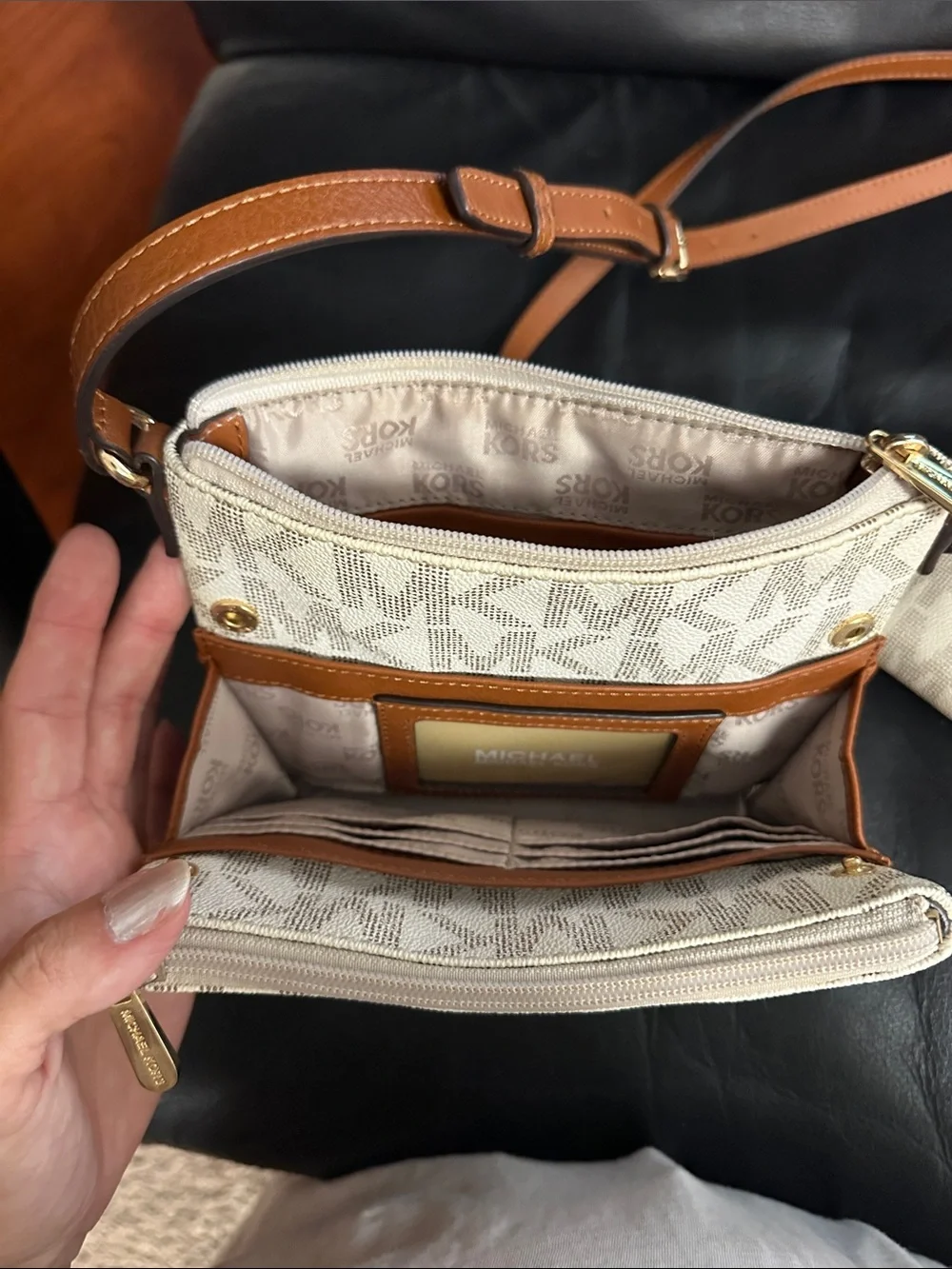 Michael Kors Cream Logo Crossbody Bag with Tan Strap & Matching Wallet